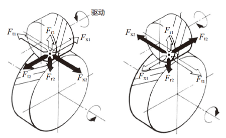 图12.7 交错轴斜齿轮的旋转方向及轮齿受力